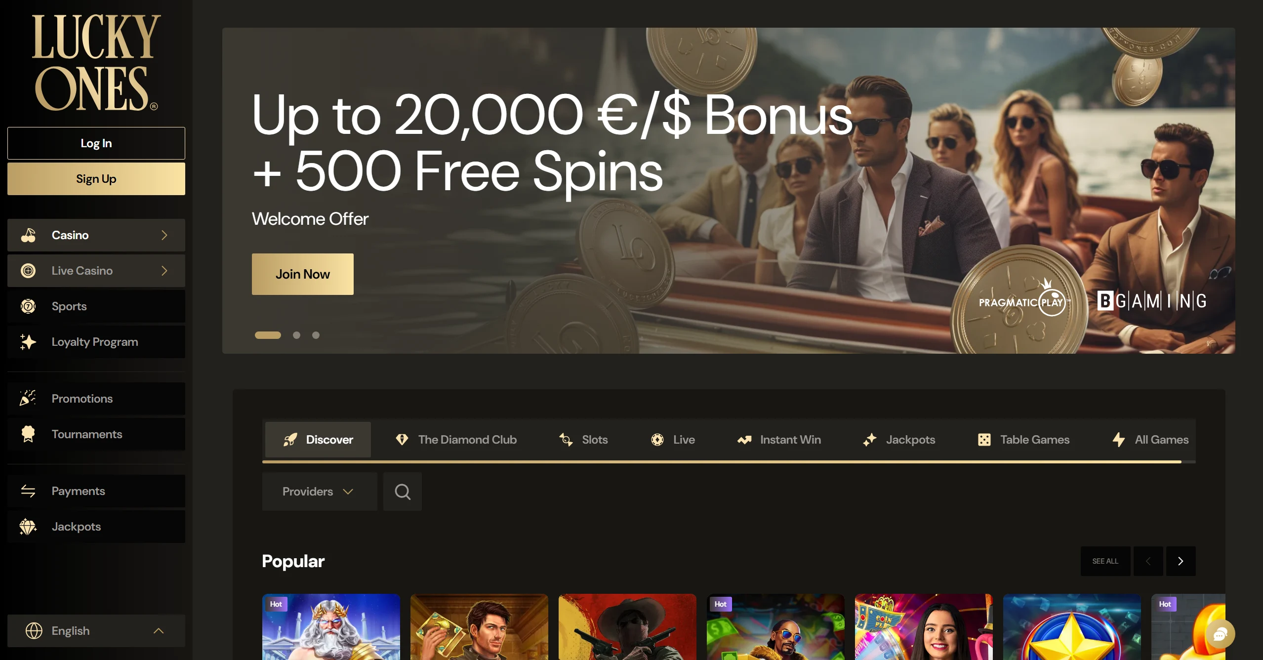 Lucky Ones homepage with huge bonus and popular online pokies